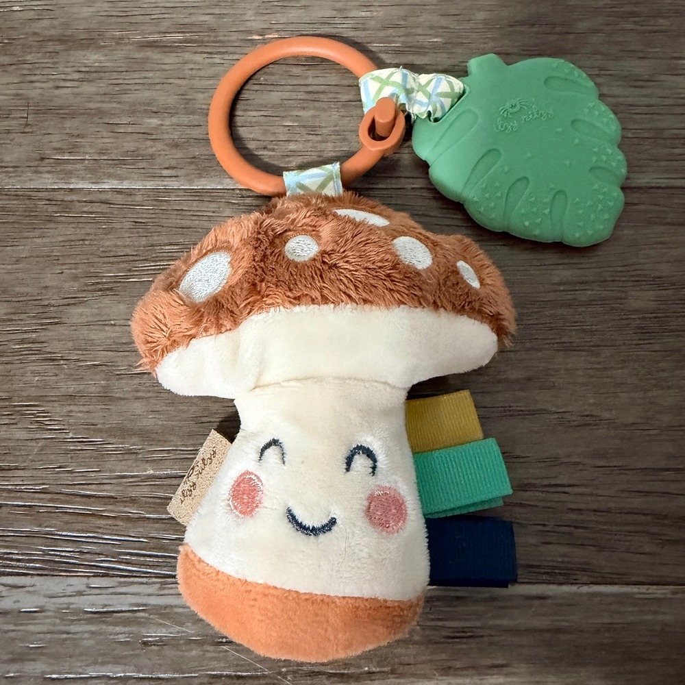 Itzy Ritzy Ritzy Rewards Mushroom Plush Baby Travel Toy Teether Sensory Ribbons